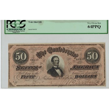 R803, Confederate States of America, Fifty Dollars ($50) 1864, T-66, PCGS 64PPQ