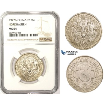 R808, Germany, Weimar, 3 Reichsmark (Nordhausen) 1927-A, Berlin, Silver, NGC MS64