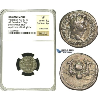 R81, Roman Empire, Divus Vespasian (69-79 AD) AR Denarius (3.36g) Rome, Posthumous issue, struck 80-81 AD under Titus, Capricorns, NGC VF