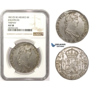R817, Mexico, Ferdinand VII, 8 Reales 1821 Zs RG, Zacatecas, Silver, NGC AU58 Hispan
