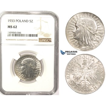 R819, Poland, 5 Zlotych 1933, Warsaw, Silver, NGC MS62