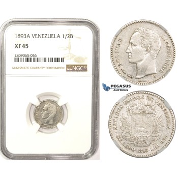 R827, Venezuela, 1/2 Bolivar 1893-A, Paris, Silver, NGC XF45