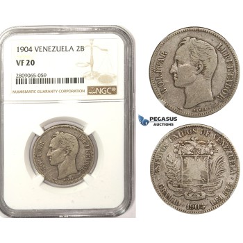 R828, Venezuela, 2 Bolivares 1904, Silver, NGC VF20