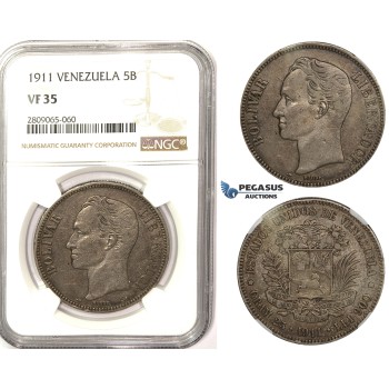 R829, Venezuela, 5 Bolivares 1911, Silver, NGC VF35