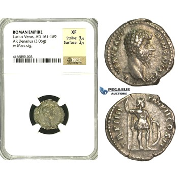 R83, Roman Empire, Lucius Verus (161-169 AD) AR Denarius (3.06g) Rome, 164 AD, Mars, NGC XF