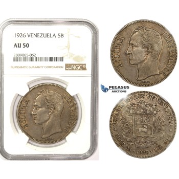 R830, Venezuela, 5 Bolivares 1926, Silver, NGC AU50