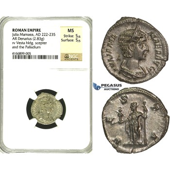 R87, Roman Empire, Julia Mamaea, Augusta (222-235 AD) AR Denarius (2.83g) Rome, Vesta/Palladium, NGC MS