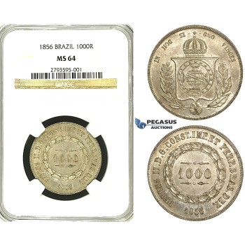 R89, Brazil, Pedro II, 1000 Reis 1856, Silver, NGC MS64