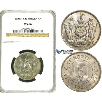 R90, British North Borneo, 5 Cents 1928-H, Heaton, NGC MS66 (Rare Grade)