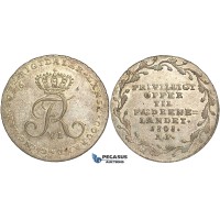 R98, Denmark, Frederik VI, “Offermark” 1/6 Rigsdaler 1808 MF, Copenhagen, Silver, AUNC