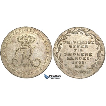 R98, Denmark, Frederik VI, “Offermark” 1/6 Rigsdaler 1808 MF, Copenhagen, Silver, AUNC