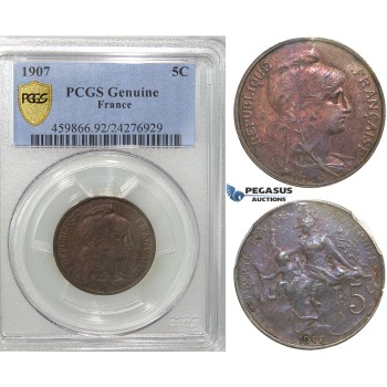 S02, France, Third Republic, 5 Centimes 1907, Paris, PCGS Gunuine, AU