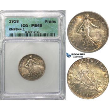 S10, France, Third Republic, Franc 1918, Paris, Silver, ICG MS65 (Rainbow toning)