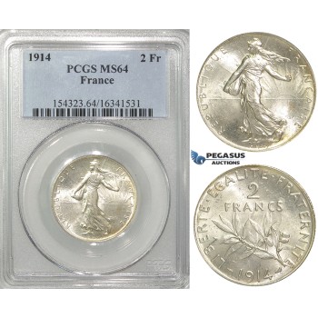 S11, France, Third Republic, 2 Francs 1914, Paris, Silver, PCGS MS64
