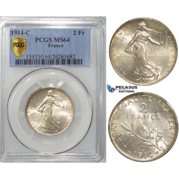 S13, France, Third Republic, 2 Francs 1914-C, Paris, Silver, PCGS MS64