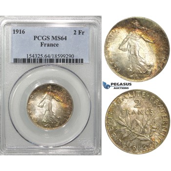 S14, France, Third Republic, 2 Francs 1916, Paris, Silver, PCGS MS64 (Fine toning)