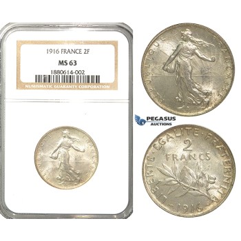 S15, France, Third Republic, 2 Francs 1916, Paris, Silver, NGC MS63