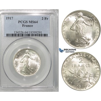 S16, France, Third Republic, 2 Francs 1917, Paris, Silver, PCGS MS64