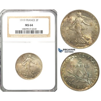 S17, France, Third Republic, 2 Francs 1919, Paris, Silver, NGC MS64 (Rainbow toning)