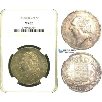 S18, France, Louis XVIII, 5 Francs 1816-I, Limoges, Silver, NGC MS62 (Pop 1/1, Finest) Rare!