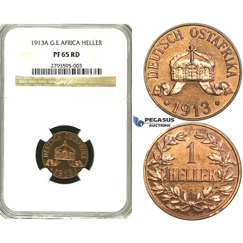 S20, German East Africa (DOA) Wilhelm II, 1 Heller 1913-A, Berlin, NGC PF65RD (Pop 1/1, Finest, First to be graded as a Proof) Very Rare!