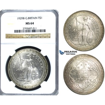 S24, Great Britain, Trade Dollar 1929-B, Bombay, Silver, NGC MS64