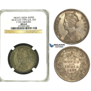 S25, India (British) Victoria, Rupee 1862 (C) Calcutta, Silver, S&W 4.41, Type G/6, NGC MS62 (Pop 1/1, Finest!)