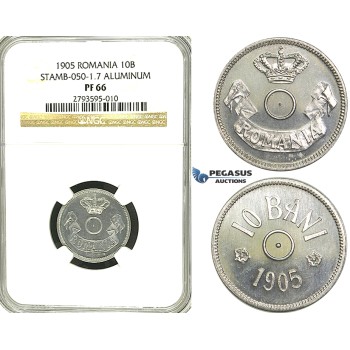 S32, Romania, Carol I, Pattern 10 Bani 1905, Brussels, Aluminum, NGC PF66 (Pop 1/1, Finest!)