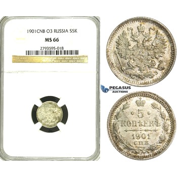 S39, Russia, Nicholas II, 5 Kopeks 1901 СПБ-ФЗ, St. Petersburg, Silver, NGC MS66