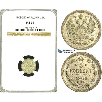 S40, Russia, Nicholas II, 5 Kopeks 1902 СПБ-AP, St. Petersburg, Silver, NGC MS64