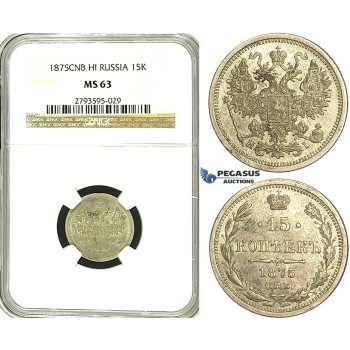 S44, Russia, Alexander II, 15 Kopeks 1875 СПБ-НI, St. Petersburg, Silver, NGC MS63