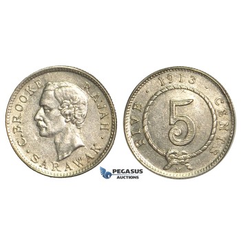 S63, Sarawak, C. Brooke Rajah, 5 Cents 1913-H, Heaton, Silver, High Grade (Lightly cleaned)