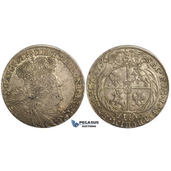S70, Poland, August III, Ort 1756 E-C, Leipzig, Silver (6.04g) Remaining Luster! R2