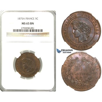 S84, France, Third Republic, 5 Centimes 1875-A, Paris, NGC MS65BN (Pop 1/1, Finest!)