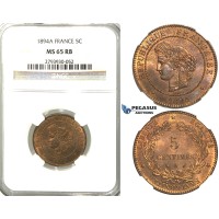 S85, France, Third Republic, 5 Centimes 1894-A, Paris, NGC MS65RB