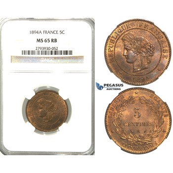 S85, France, Third Republic, 5 Centimes 1894-A, Paris, NGC MS65RB