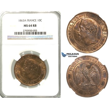 S89, France, Napoleon III, 10 Centimes 1863-A, Paris, NGC MS64RB