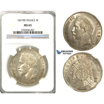 S93, France, Napoleon III, 5 Francs 1867-BB, Strasbourg, Silver, NGC MS65 (Pop 1/1, Finest!)