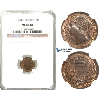 S95, Great Britain (For use in Malta) Victoria, 1/3 (Third) Farthing 1878, NGC MS65RB (Pop 1/2, No finer!)