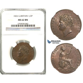 S97, Great Britain, George IV, 1/2 (Half) Penny 1826, NGC MS62BN