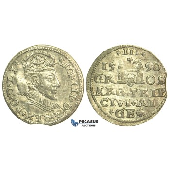 T10, Poland (for Riga) Sigismund III, 3 Groschen (Trojak) 1590, Riga, Silver (2.26g)