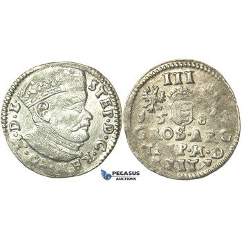 T74, Poland (for Lithuania) Stefan Bathory, 3 Groschen (Trojak) 1585, Vilnius, Silver (2.29g)