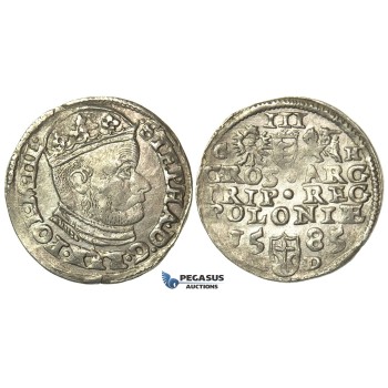 T87, Poland, Stefan Bathory, 3 Groschen (Trojak) 1585 G/H-I/D, Olkusz, Silver (2.39g)