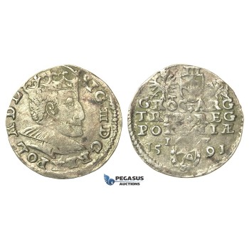T93, Poland, Sigismund III, 3 Groschen (Trojak) 1591 I/F, Olkusz, Silver (2.40g)