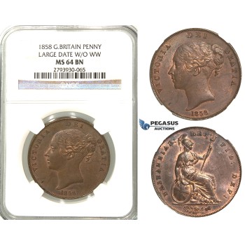 U01, Great Britain, Victoria, Penny 1858 (Large Date, W/O WW) NGC MS64BN