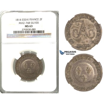 U18, Russia/France, Alexander I, 2 Francs/Poltina 1814 Module, Paris, Silver, NGC MS63, Rare!