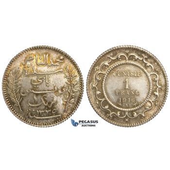 U20, Tunisia, 1 Franc 1916-A, Paris, Silver, Toned UNC (Light scratches)