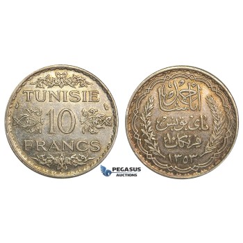 U21, Tunisia, Ahmad Pasha Bey, 10 Francs AH1353 (1934) Paris, Silver, High Grade with lovely toning!