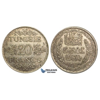 U22, Tunisia, Ahmad Pasha Bey, 20 Francs AH1353 (1934) Paris, Silver, Nice!