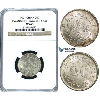 U26, China, Kwangtung, 20 Cents 1921, Silver, L&M 151, NGC MS63
